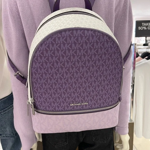 MICHAEL KORS Rhea Medium Zip Color-Block Signature Logo Backpack
Dark Purple NWT - Picture 1 of 16
